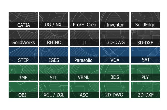 The 3D-Tool viewer and converter supports 3ds, 3mf, asc, dwg, dxf, obj, iv, ply, slp, stl, wrl, xgl, zgl, step, iges, vda, sat, x_t, x_b, 3dm, 3dxml, asm, catpart, catproduct, catdrawing, cgr, iam, ipt, jt, model, par, psm, sldprt, sldasm, slddrw